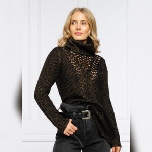 Guess Lorita Turtleneck Open Knit Wool Blend Sexy Sweater Black Yellow XS